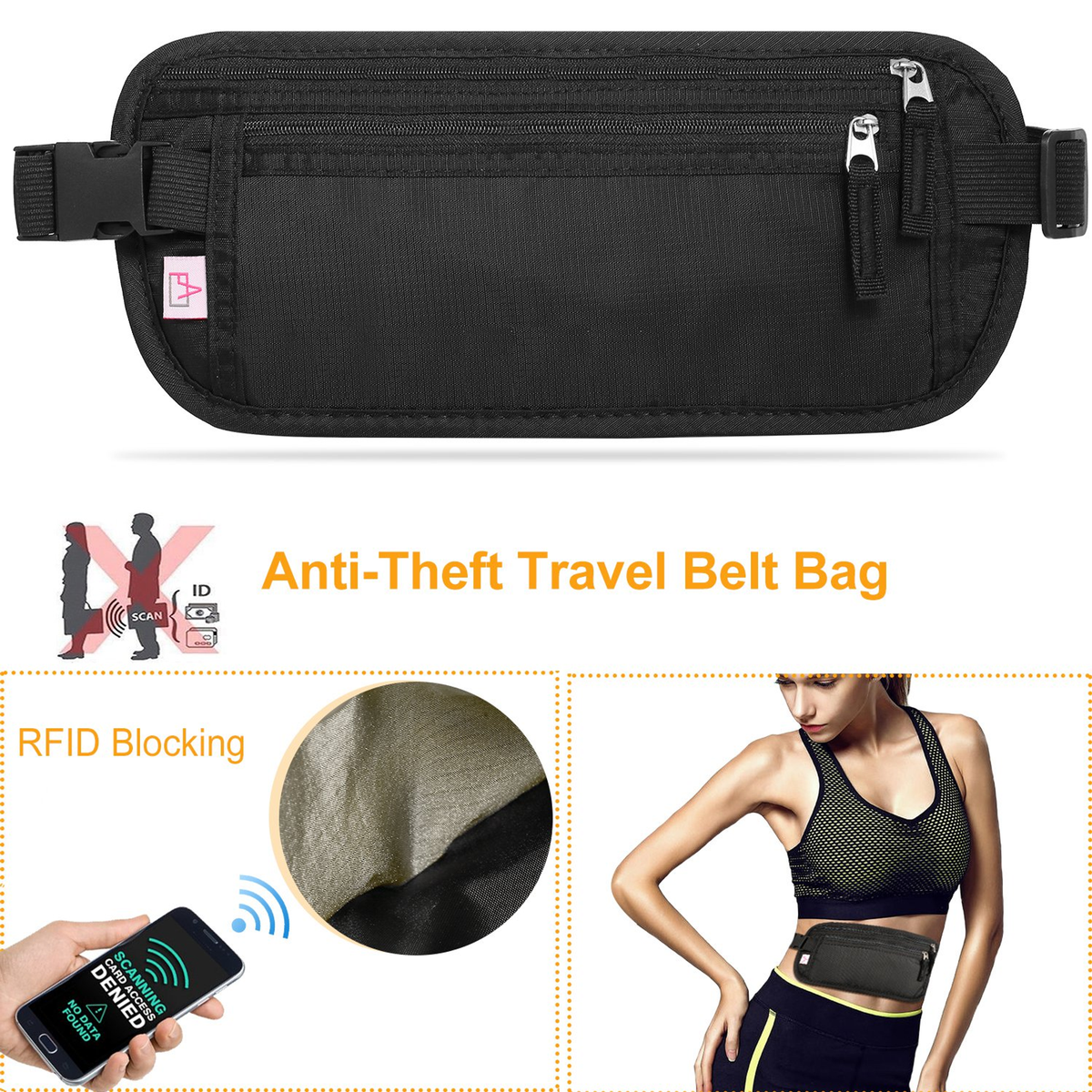 RFID-Blocking Travel Money Belt Waist Bag