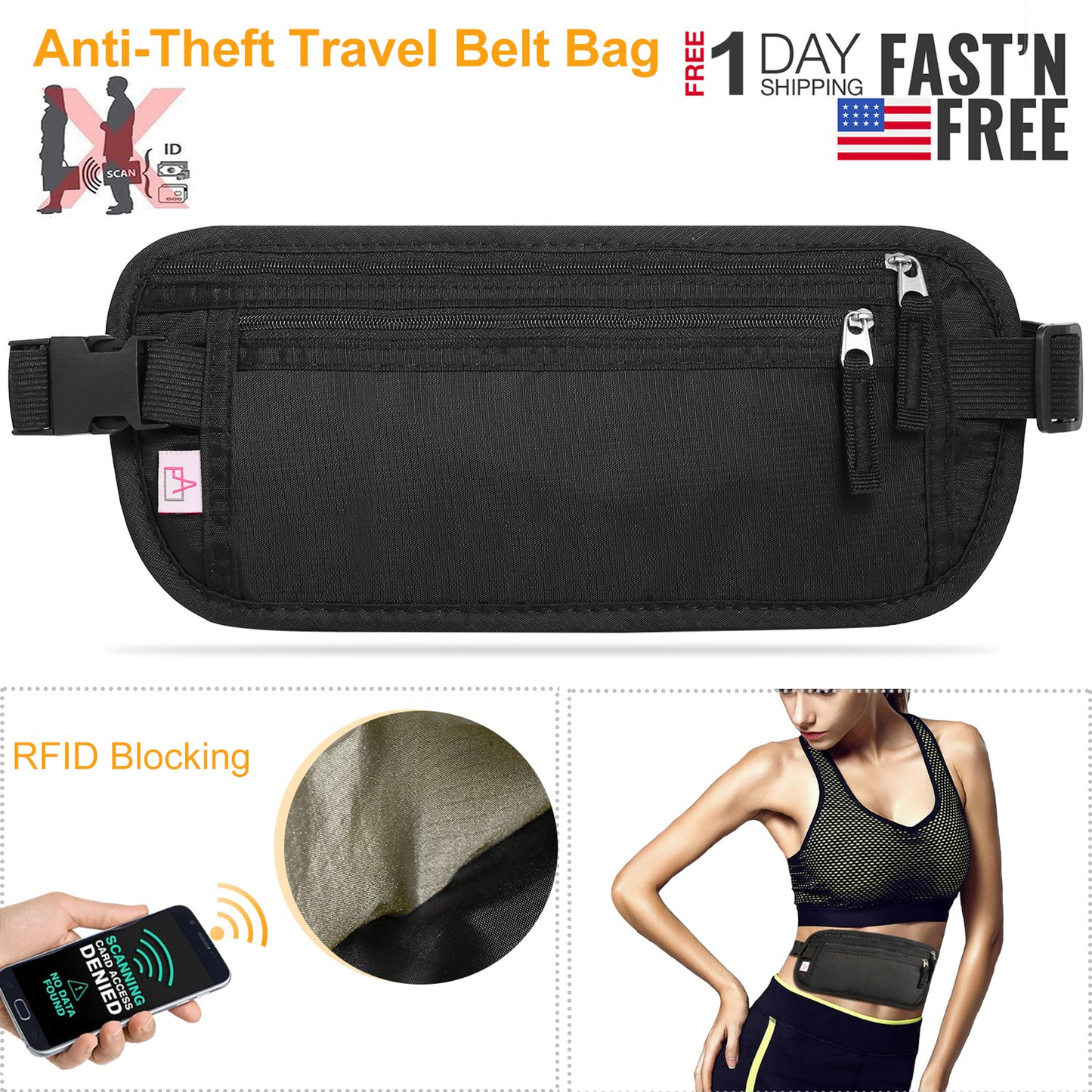 RFID-Blocking Travel Money Belt Waist Bag