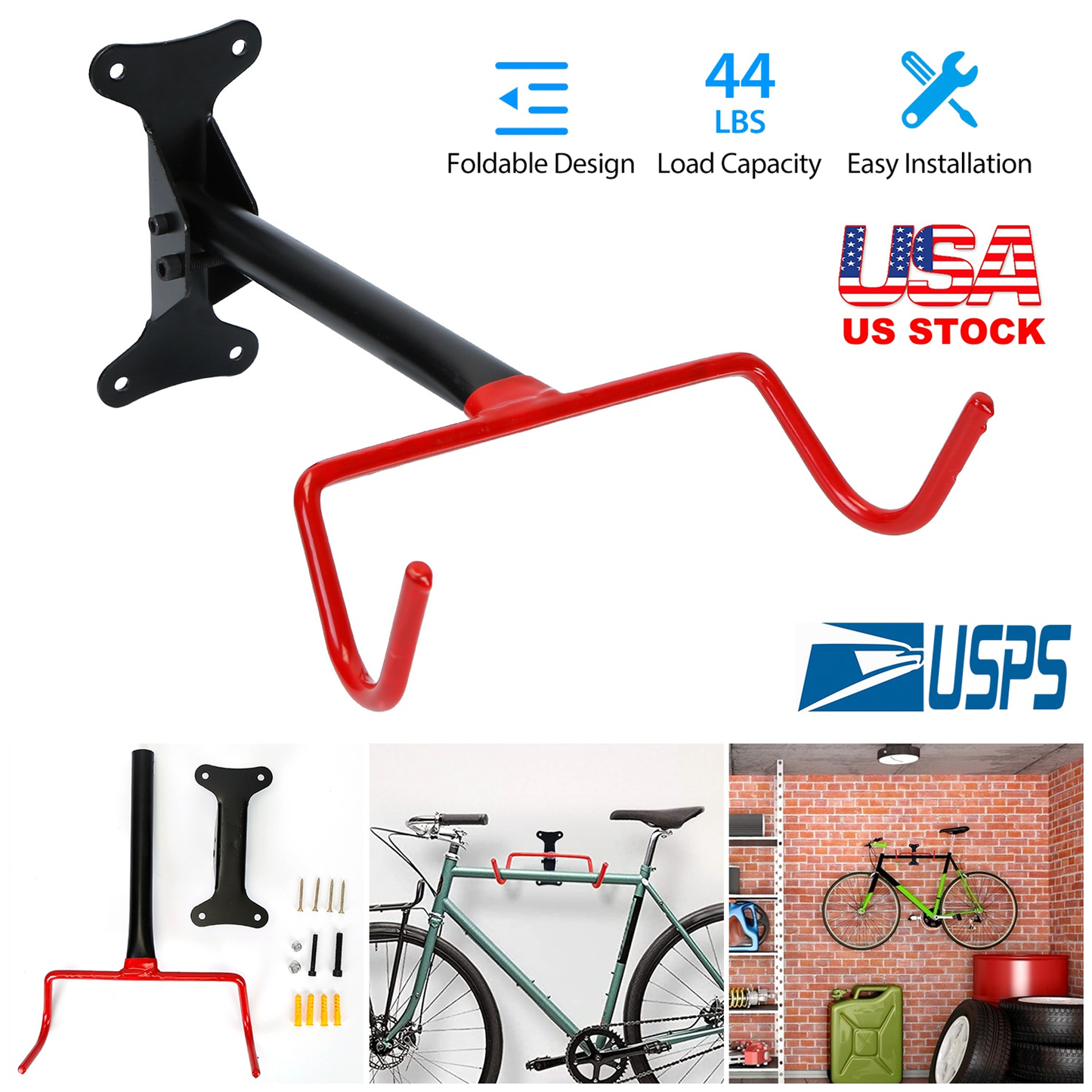 Foldable Bike Wall Mount Rack, Holds Up to 44 lbs