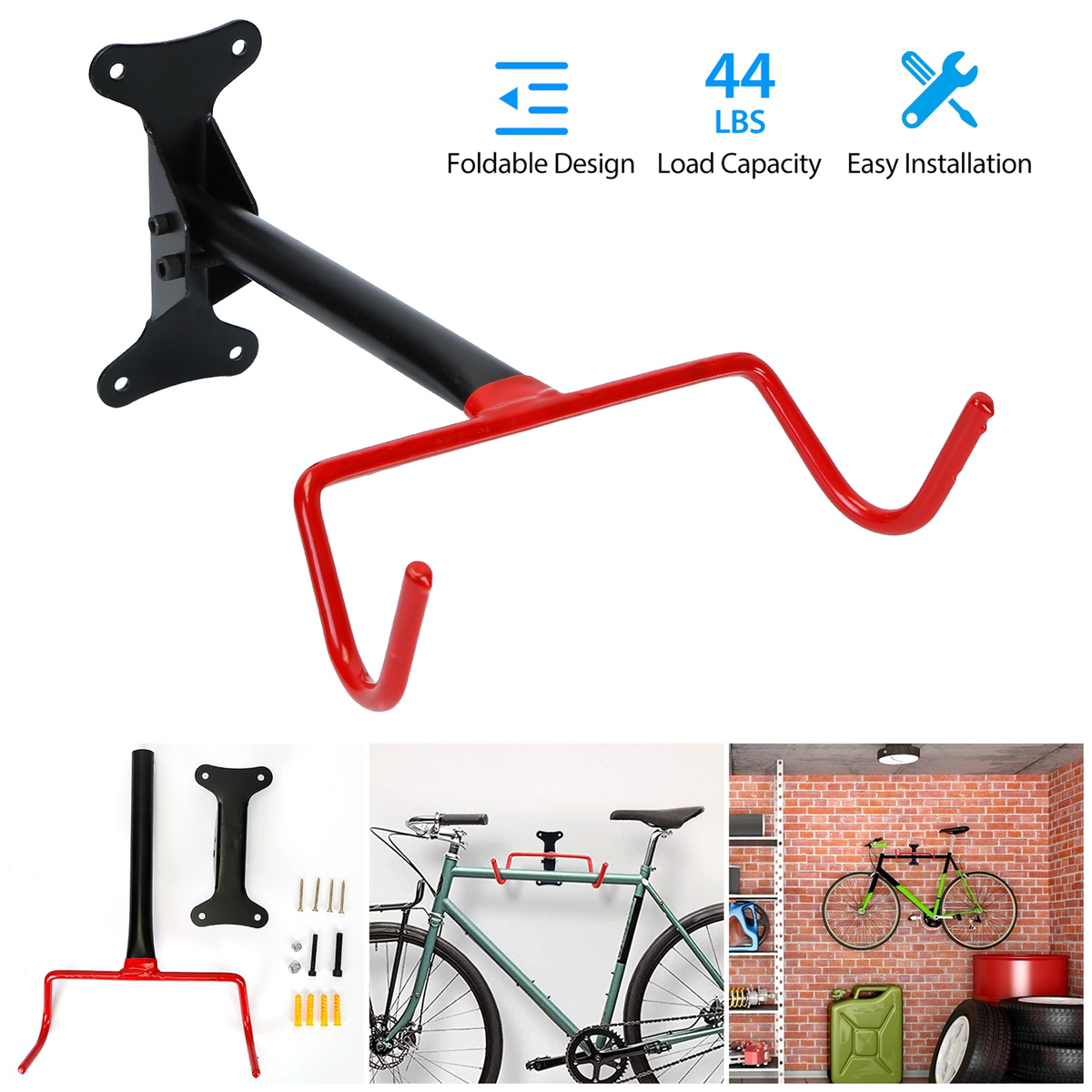 Foldable Bike Wall Mount Rack, Holds Up to 44 lbs