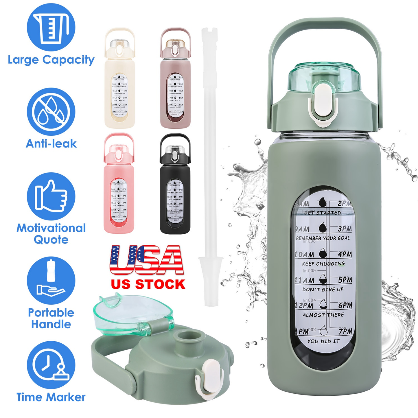 64oz Glass Water Bottle Green