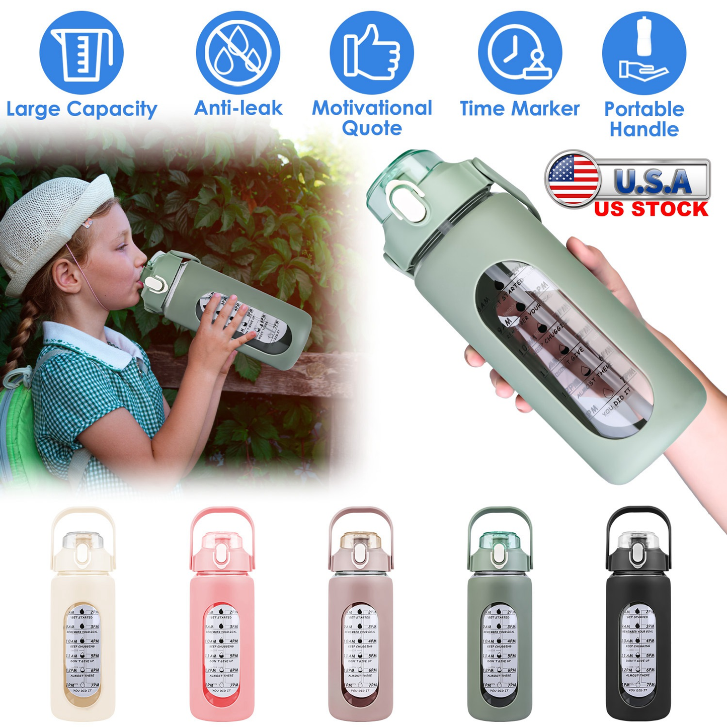 64oz Glass Water Bottle Green