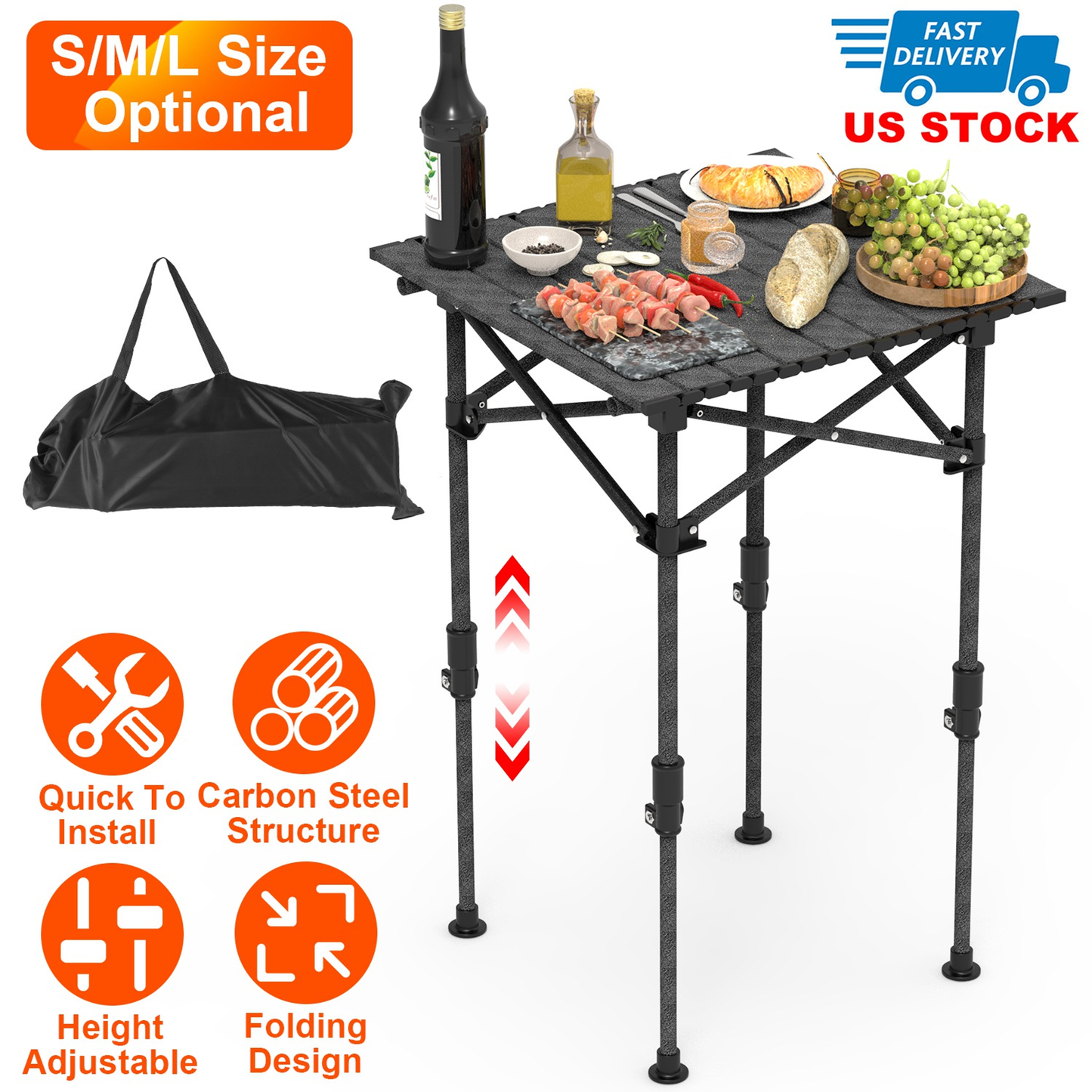 Portable Folding Camping Table Carbon Steel Adjustable