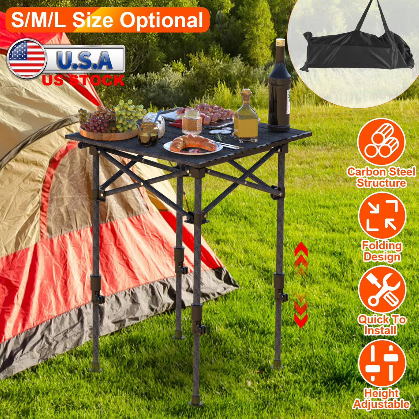 Portable Folding Camping Table Carbon Steel Adjustable