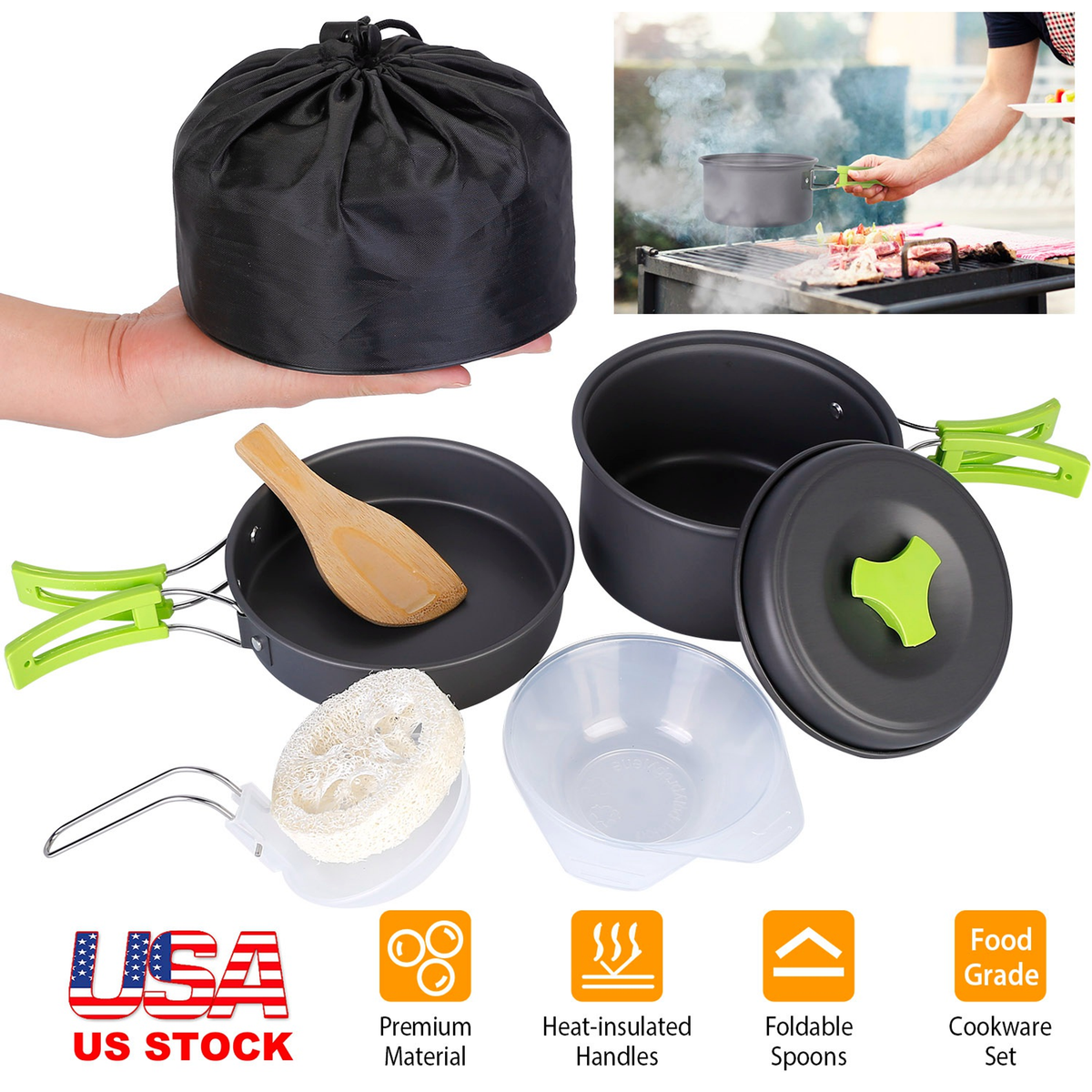 9-Piece Camping Cookware Set with Nonstick Pot and Pan