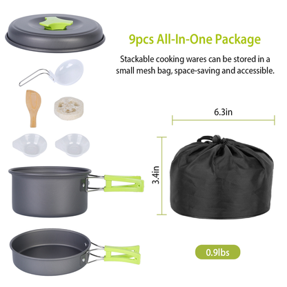 9-Piece Camping Cookware Set with Nonstick Pot and Pan