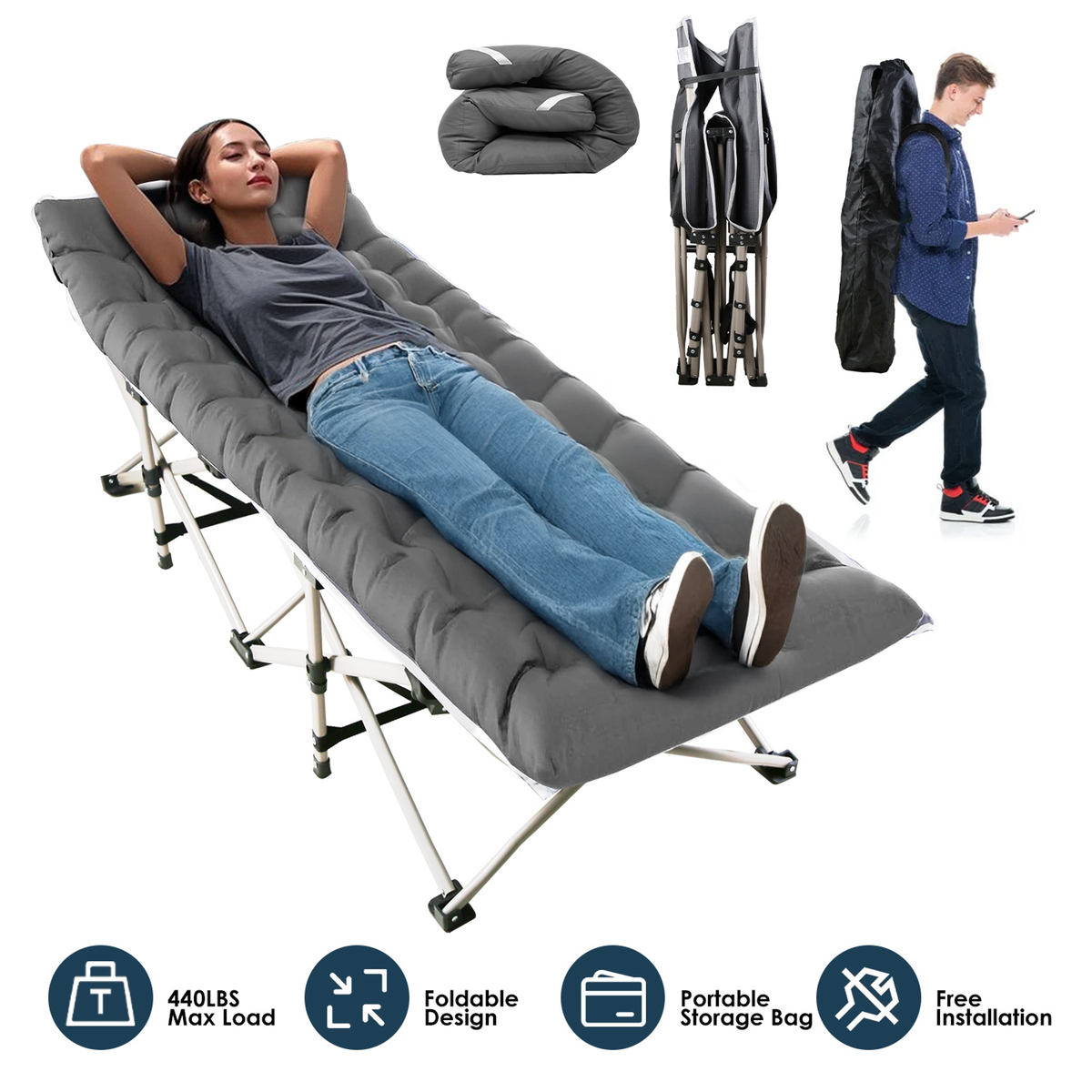 Folding Camping Cot Portable Sleeping Bed (Grey)