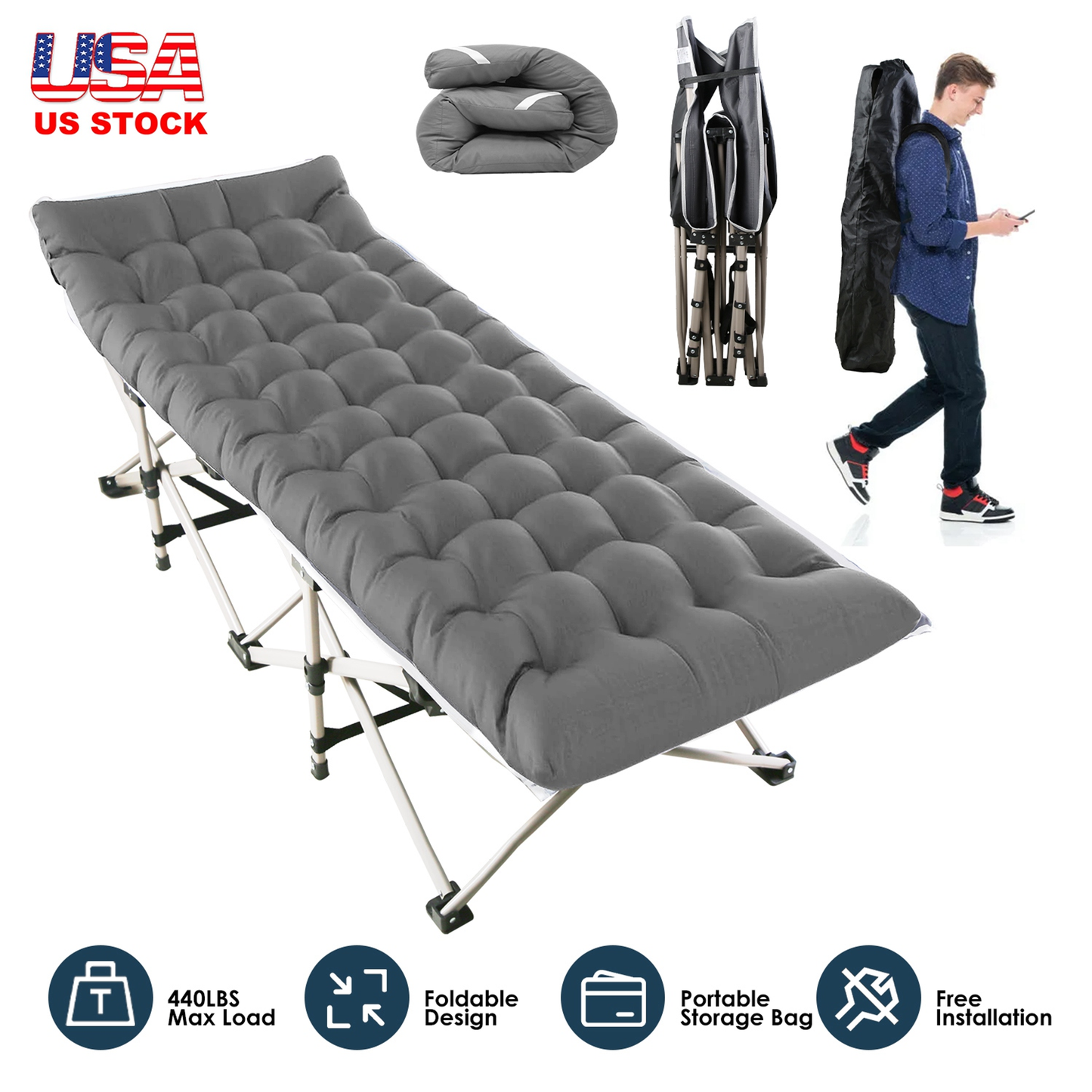 Folding Camping Cot Portable Sleeping Bed (Grey)