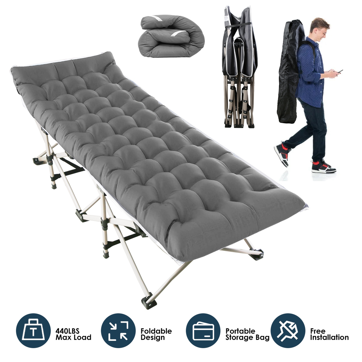 Folding Camping Cot Portable Sleeping Bed (Grey)