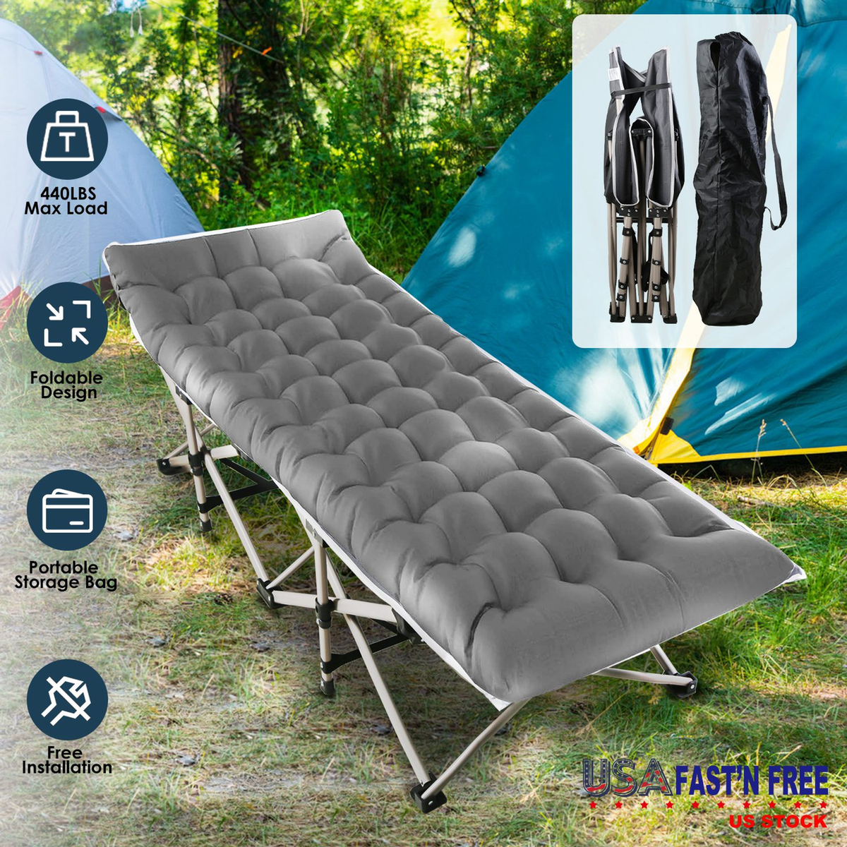 Folding Camping Cot Portable Sleeping Bed (Grey)