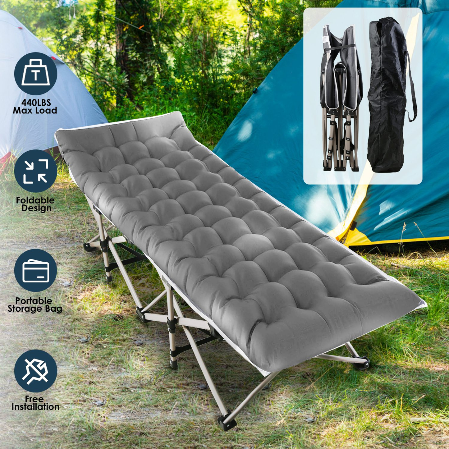 Folding Camping Cot Portable Sleeping Bed (Grey)