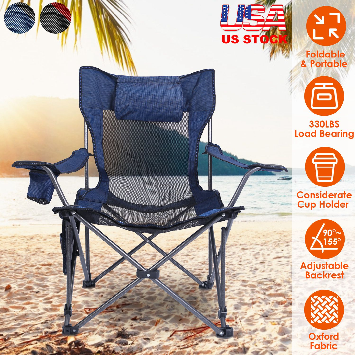 Foldable Heavy-Duty Camping Chair 330 lb Steel Lawn Chair