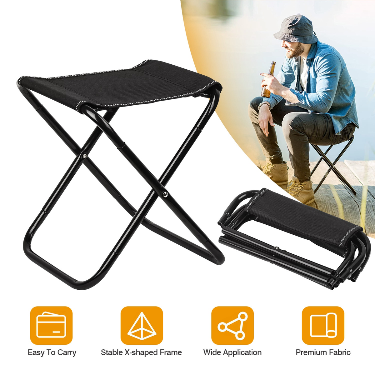 Foldable Camping Stool Portable Travel Chair, Black