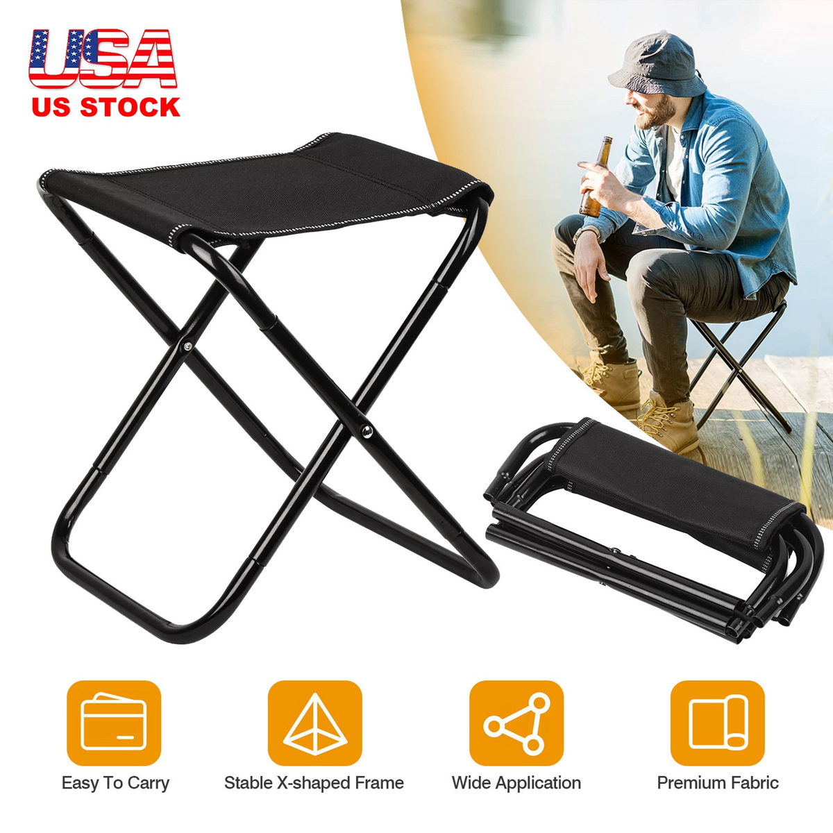 Foldable Camping Stool Portable Travel Chair, Black
