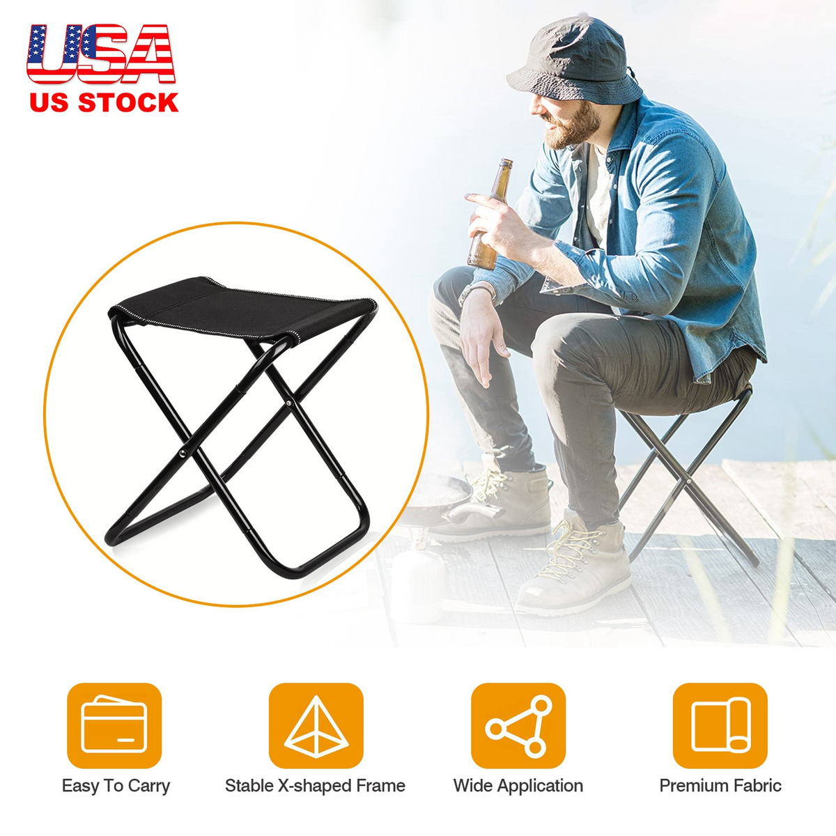 Foldable Camping Stool Portable Travel Chair, Black
