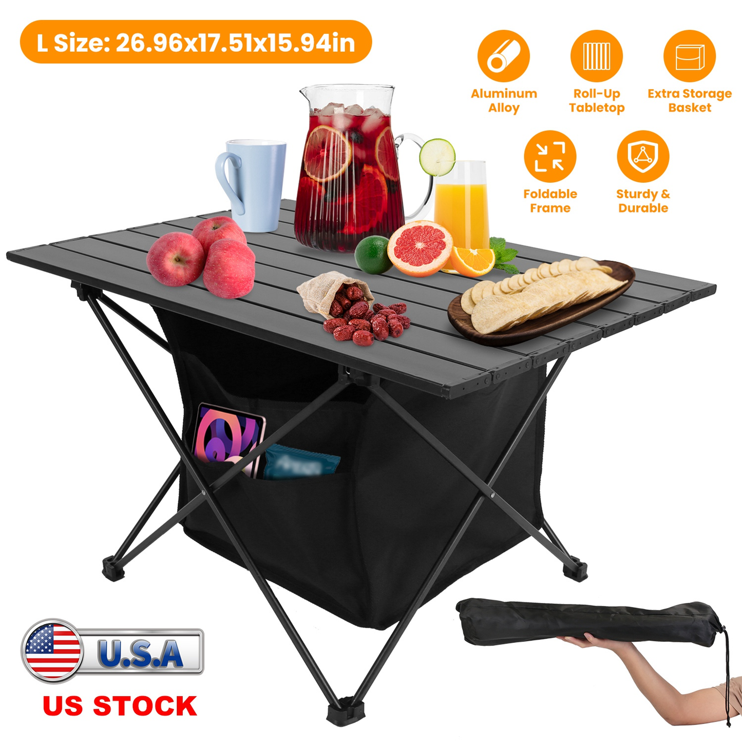 Foldable Aluminum Camping Table with Storage Basket (Large)