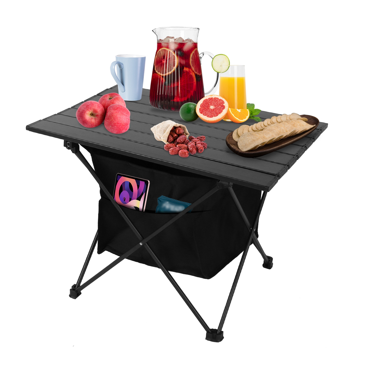 Foldable Roll-Up Camping Table with Storage Basket