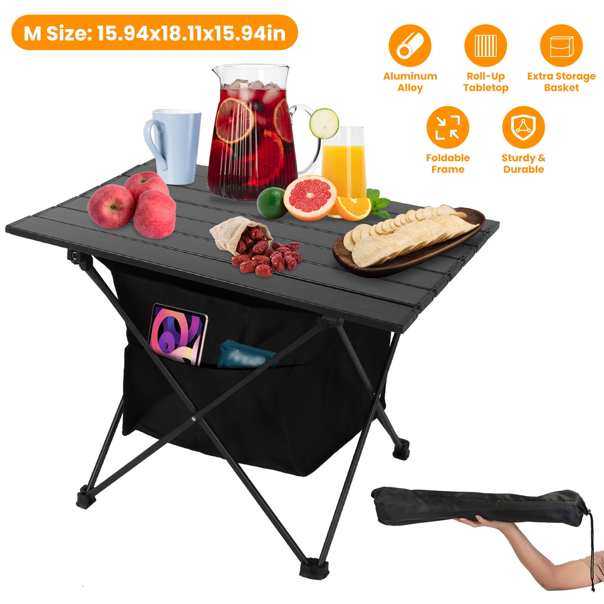 Foldable Roll-Up Camping Table with Storage Basket