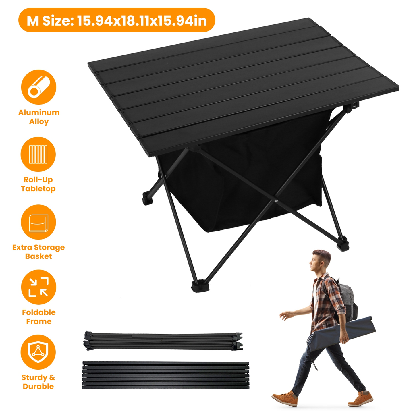 Foldable Roll-Up Camping Table with Storage Basket