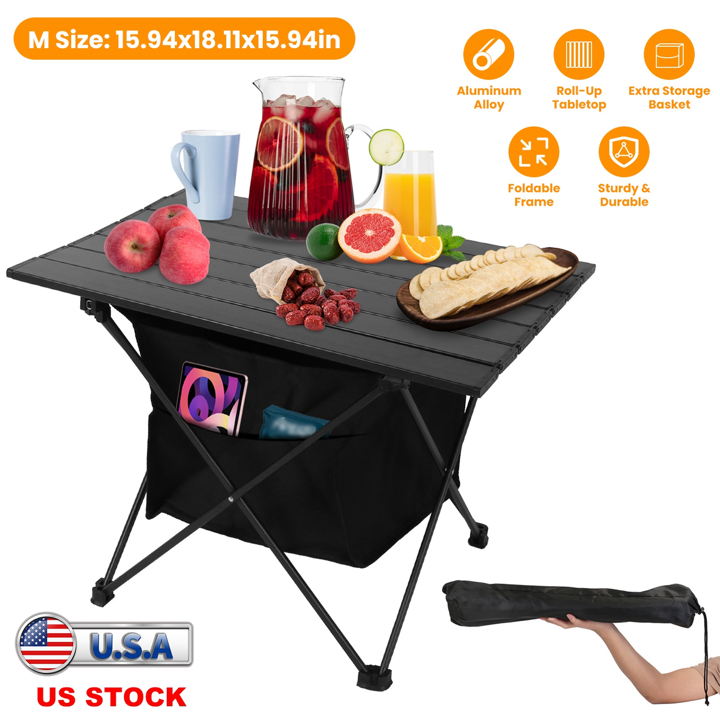 Foldable Roll-Up Camping Table with Storage Basket