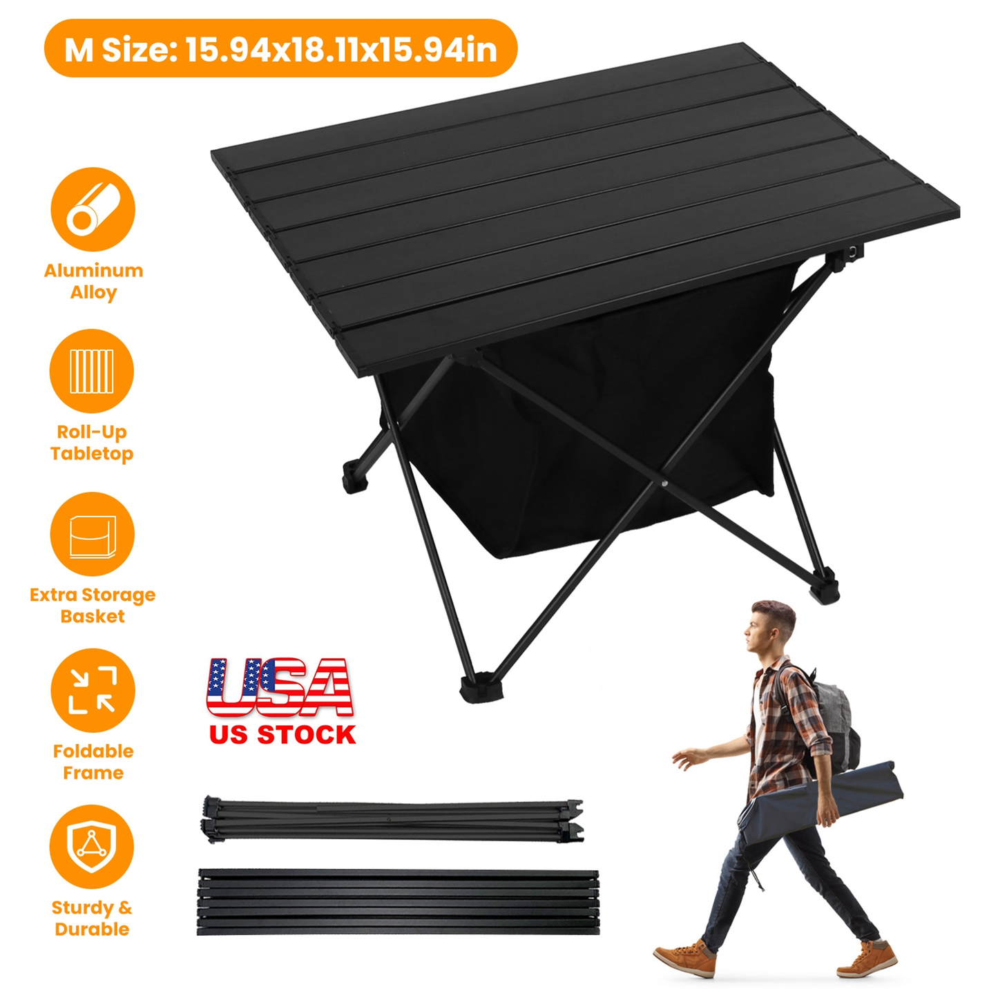 Foldable Roll-Up Camping Table with Storage Basket