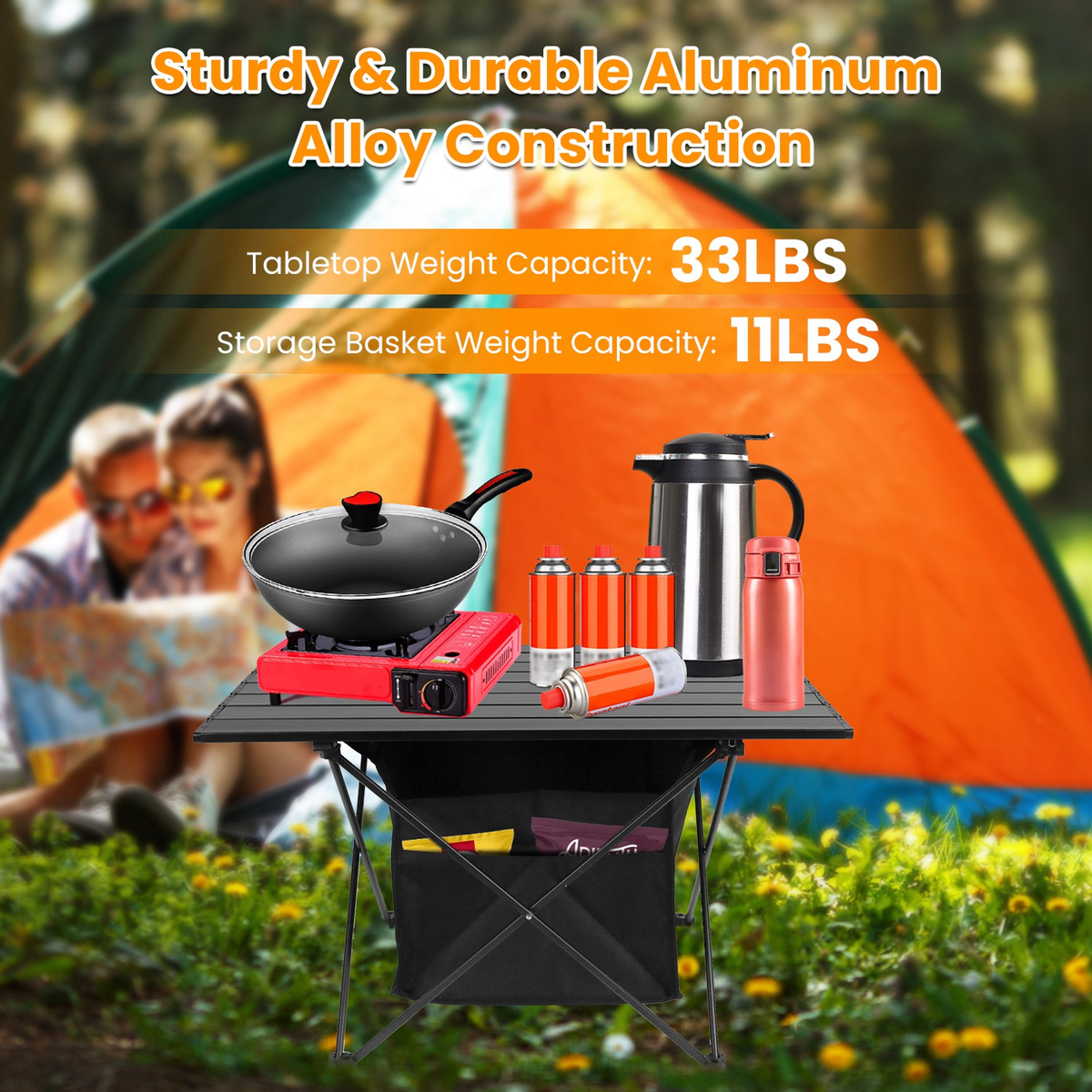 Foldable Roll-Up Camping Table with Storage Basket
