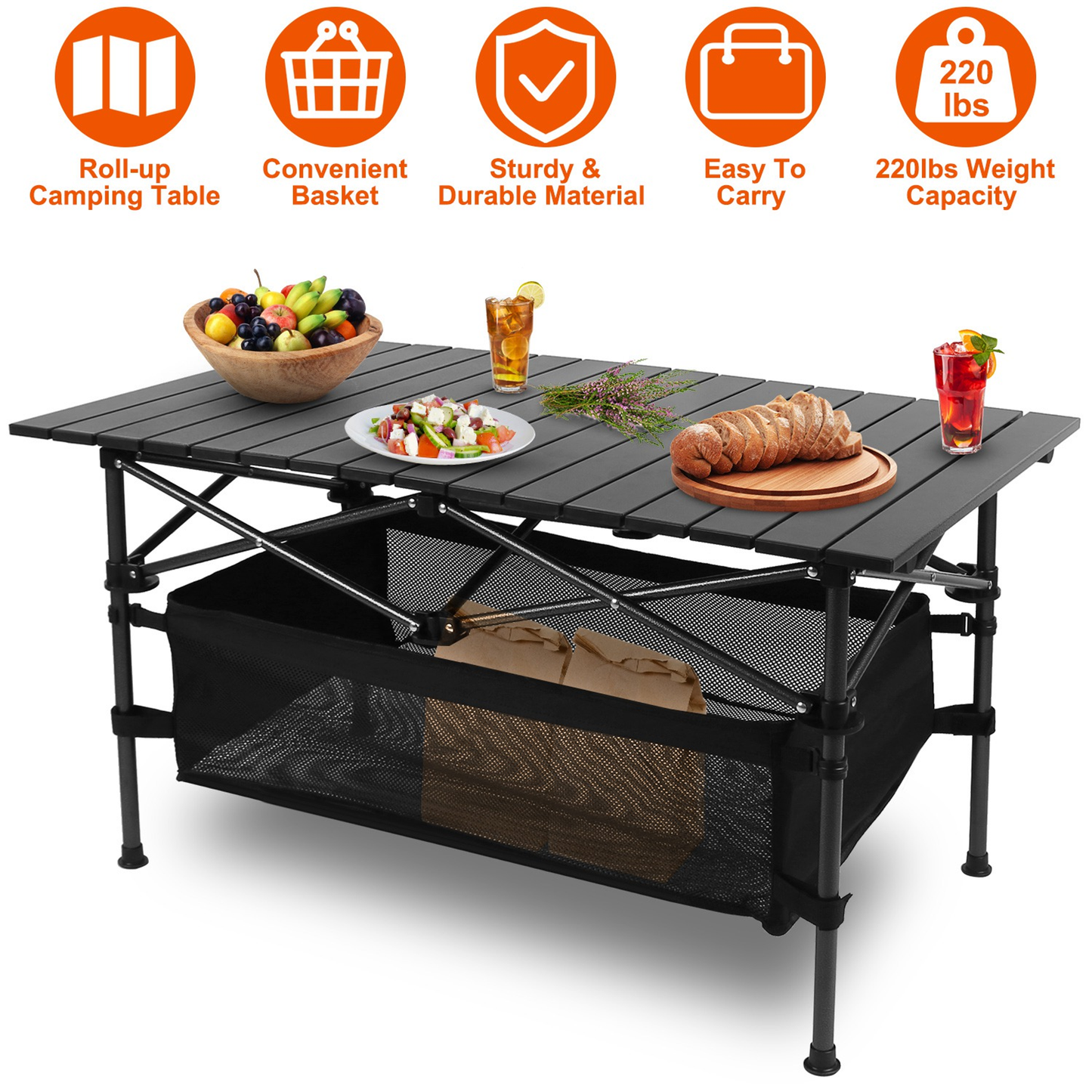 Roll-Up Folding Camping Table with Aluminum Top