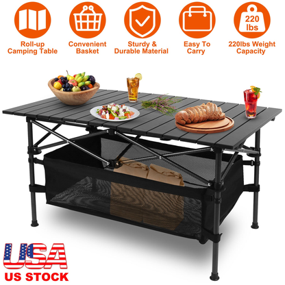 Roll-Up Folding Camping Table with Aluminum Top
