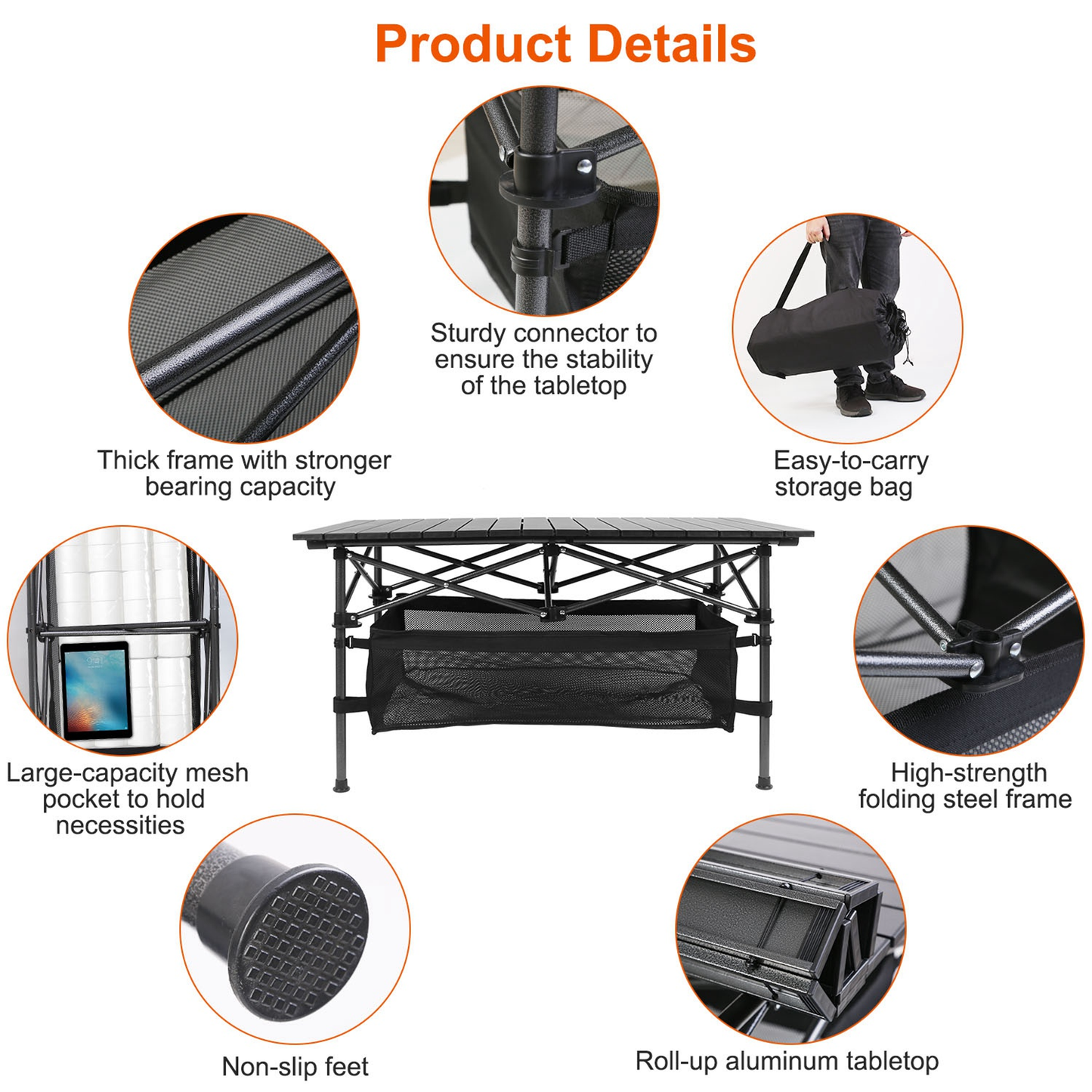 Roll-Up Folding Camping Table with Aluminum Top