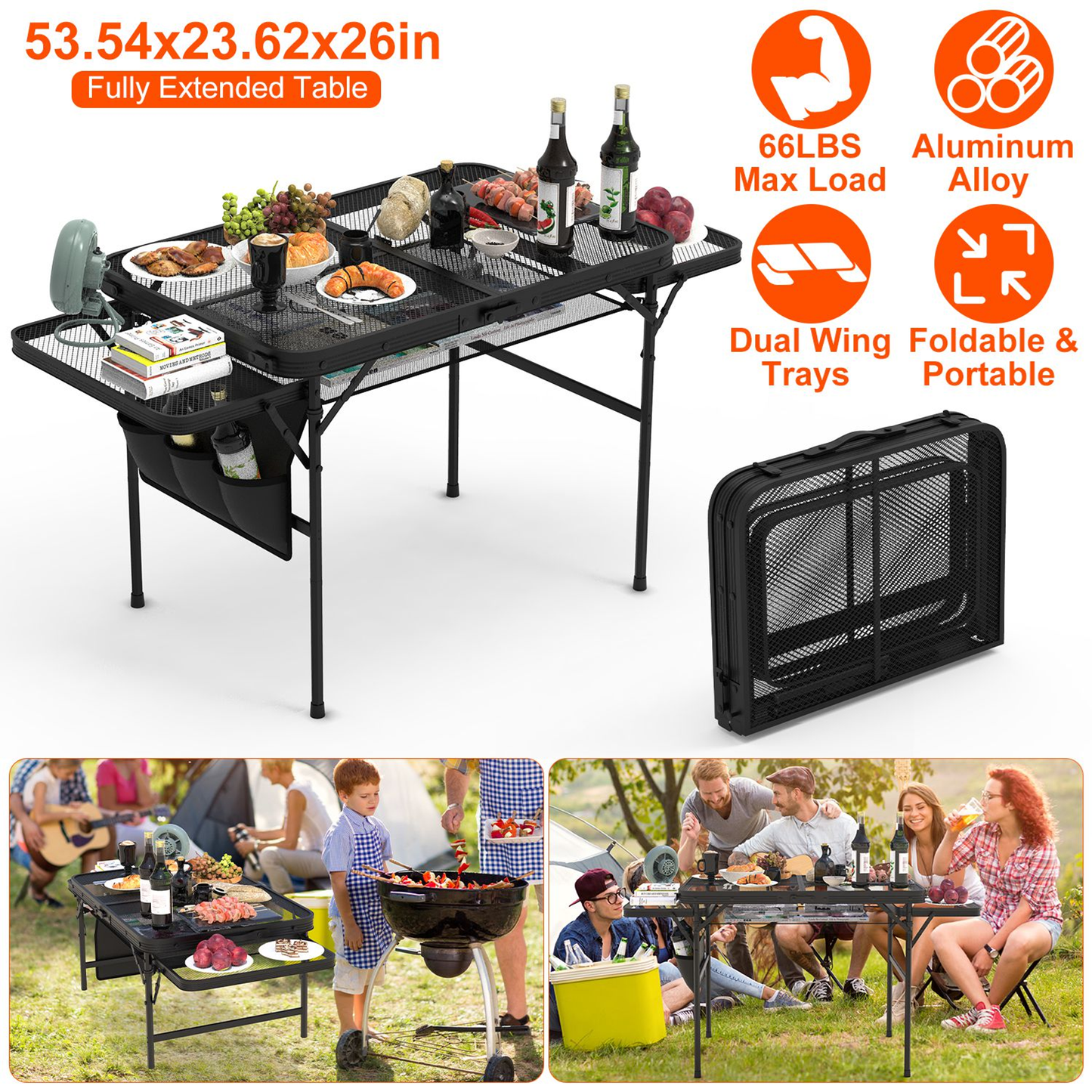 Foldable Camping Table with Side Trays and Storage Net
