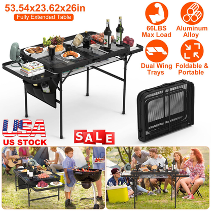 Foldable Camping Table with Side Trays and Storage Net
