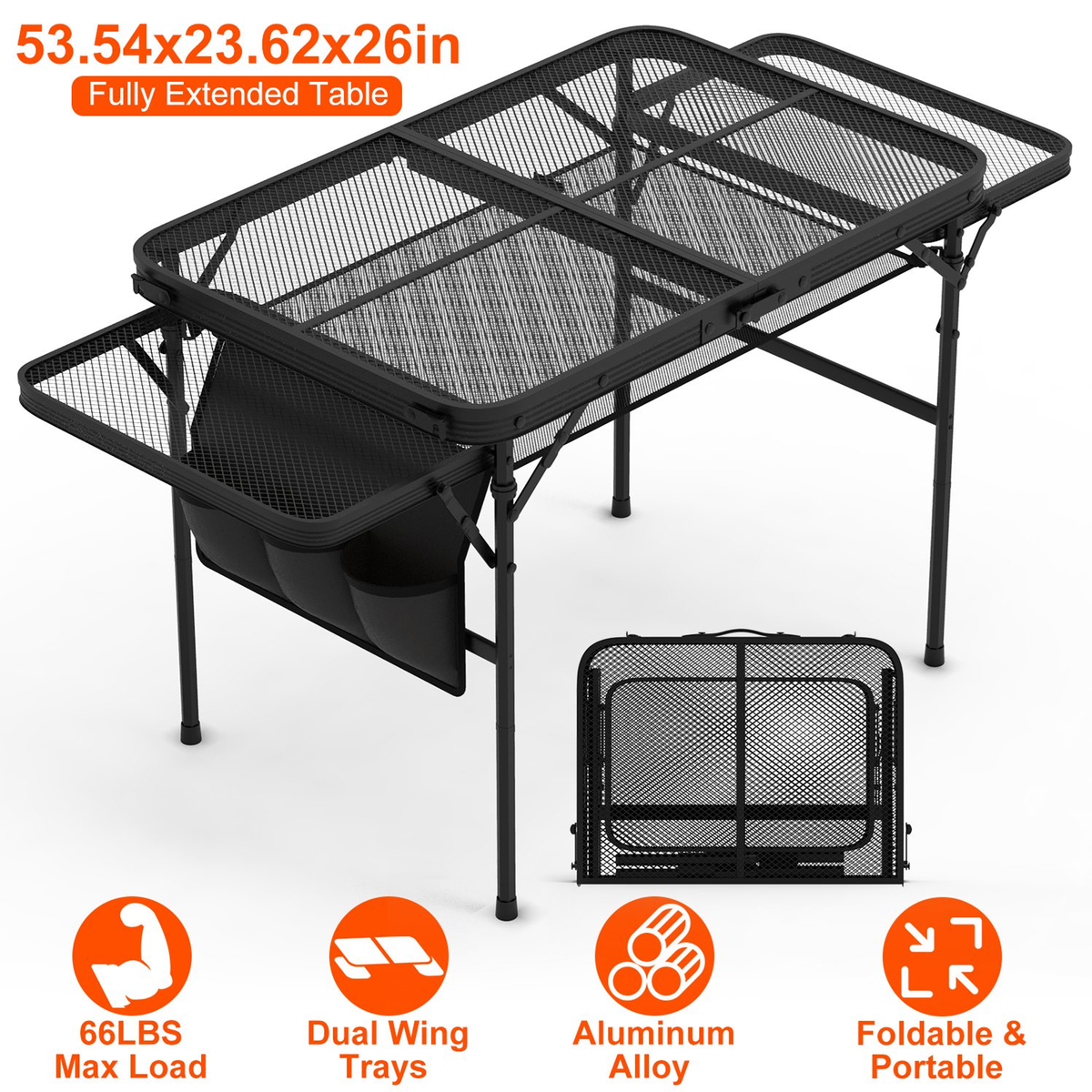 Foldable Camping Table with Side Trays and Storage Net