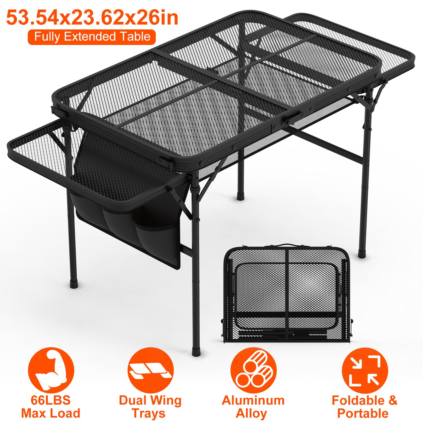 Foldable Camping Table with Side Trays and Storage Net