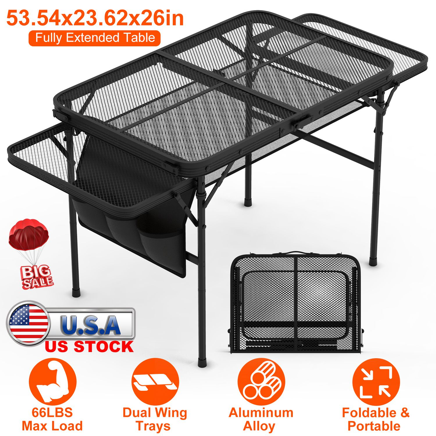 Foldable Camping Table with Side Trays and Storage Net
