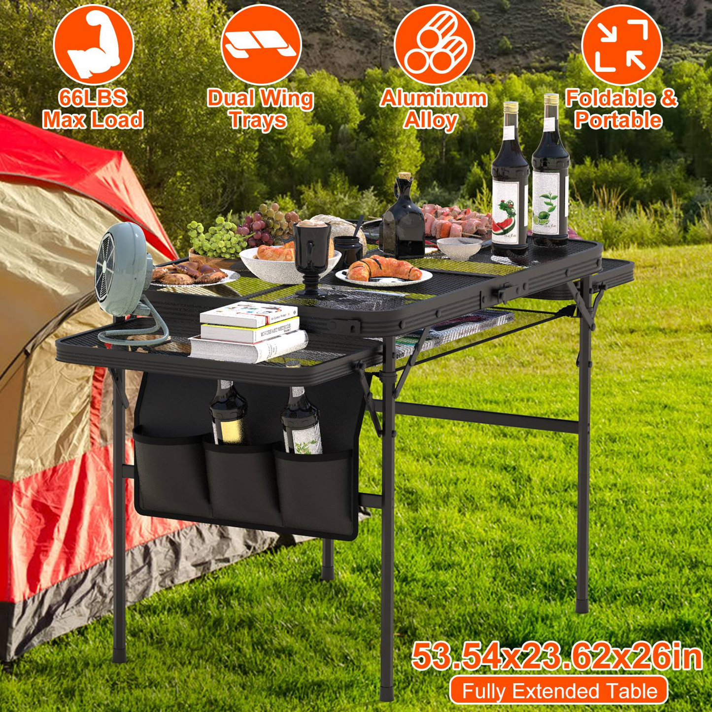 Foldable Camping Table with Side Trays and Storage Net