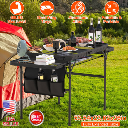 Foldable Camping Table with Side Trays and Storage Net