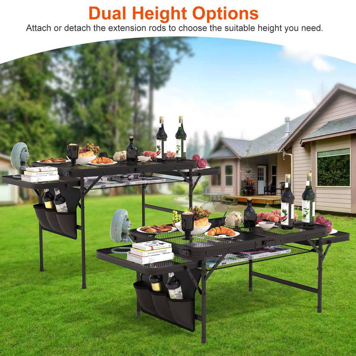 Foldable Camping Table with Side Trays and Storage Net