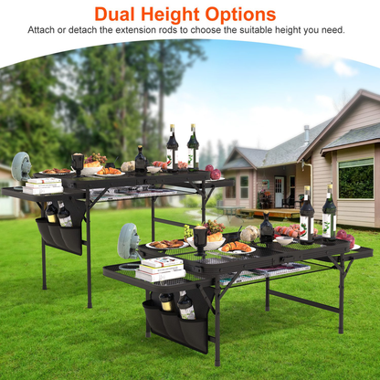 Foldable Camping Table with Side Trays and Storage Net