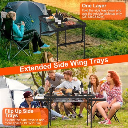 Foldable Camping Table with Side Trays and Storage Net