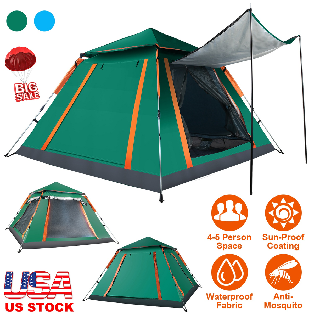 4-5 Person Foldable Waterproof Camping Tent (Green)