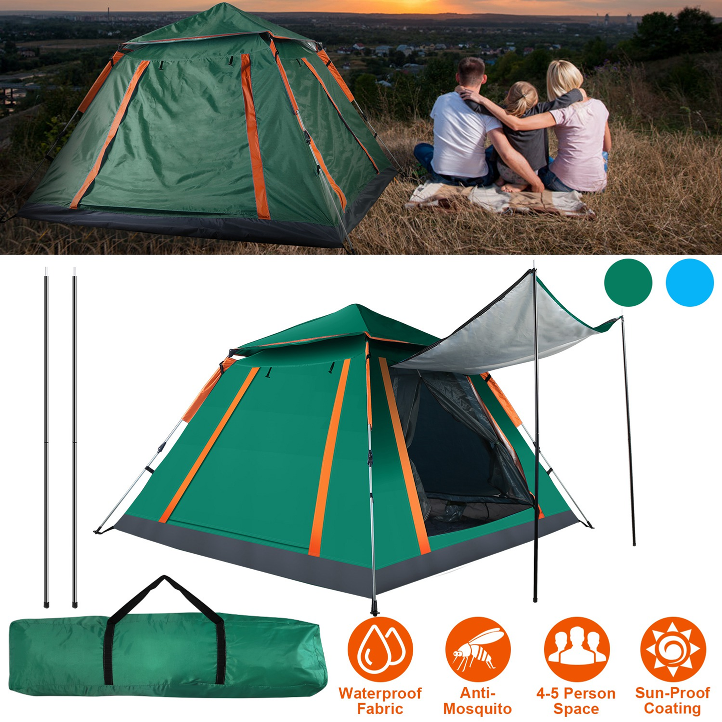 4-5 Person Foldable Waterproof Camping Tent (Green)