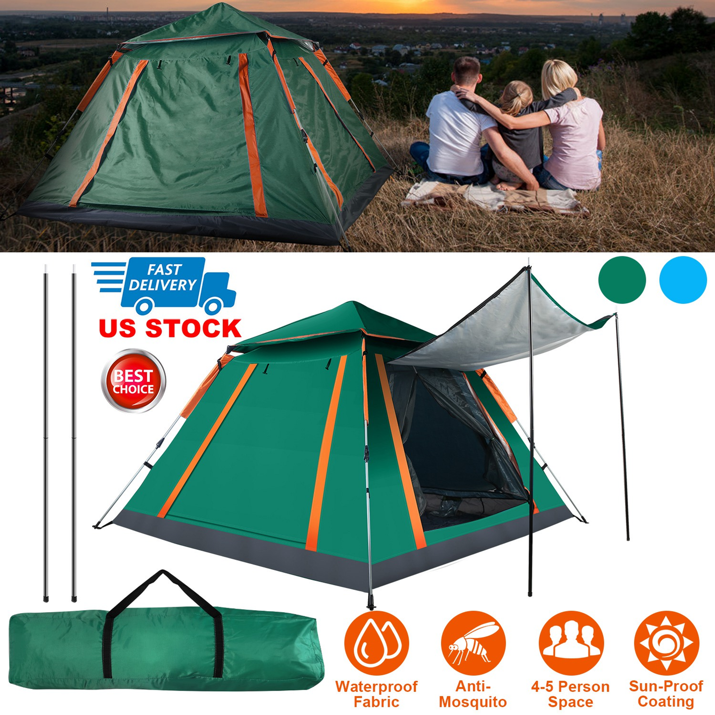 4-5 Person Foldable Waterproof Camping Tent (Green)