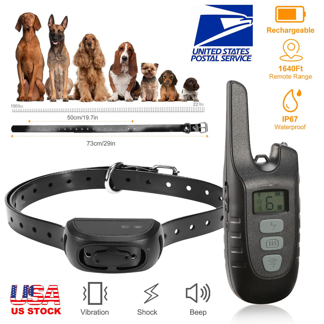 Dog Training Collar IP67 Waterproof Rechargeable Dog Shock
