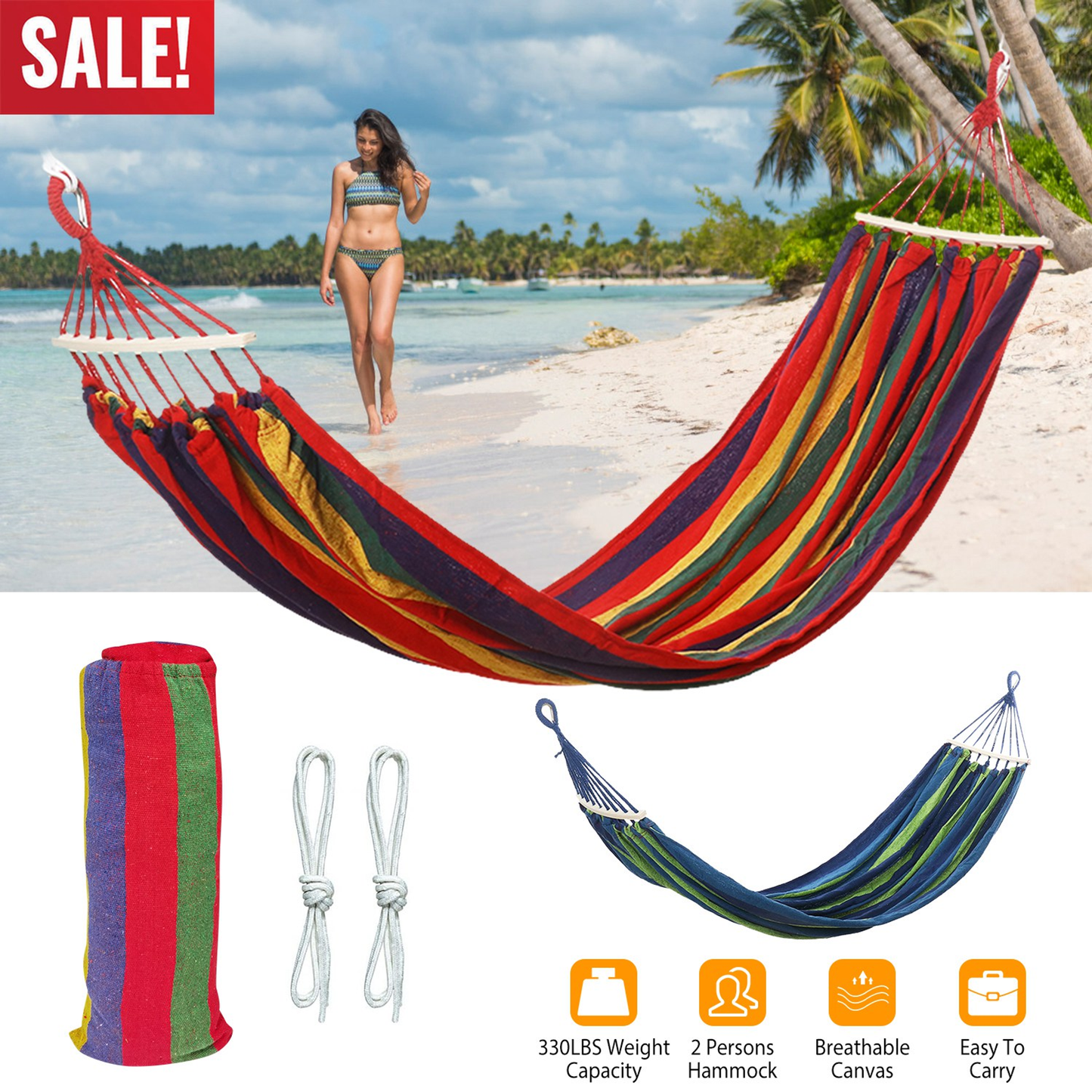 Double Canvas Hammock 2-Person Swing Bed - Blue