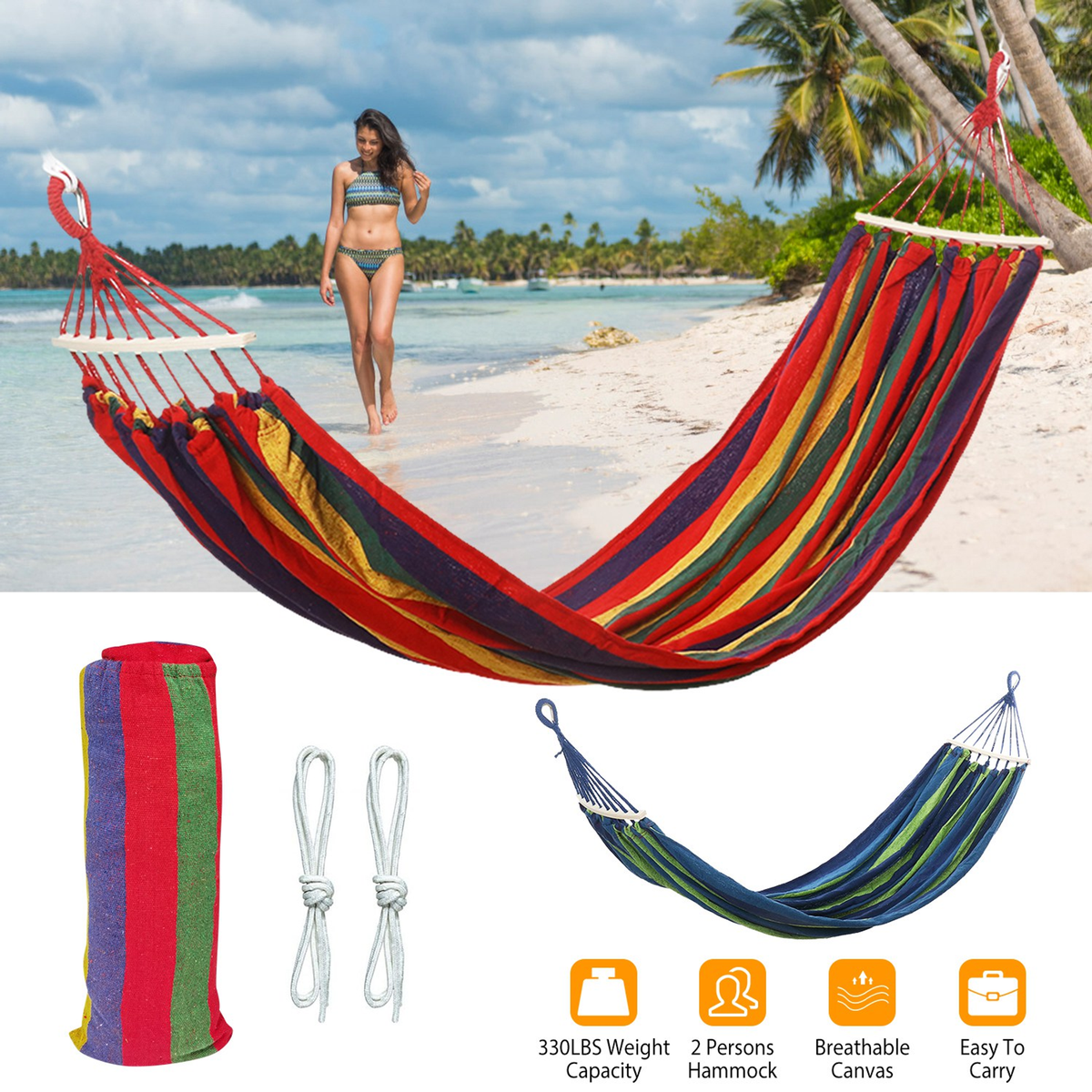Double Canvas Hammock 2-Person Swing Bed - Blue