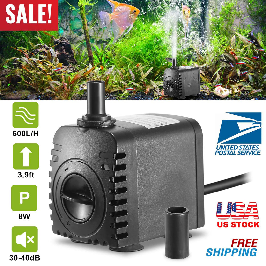Submersible Water Pump 265GPH (1000L/H) 15W Ultra Quiet Fountain Pump