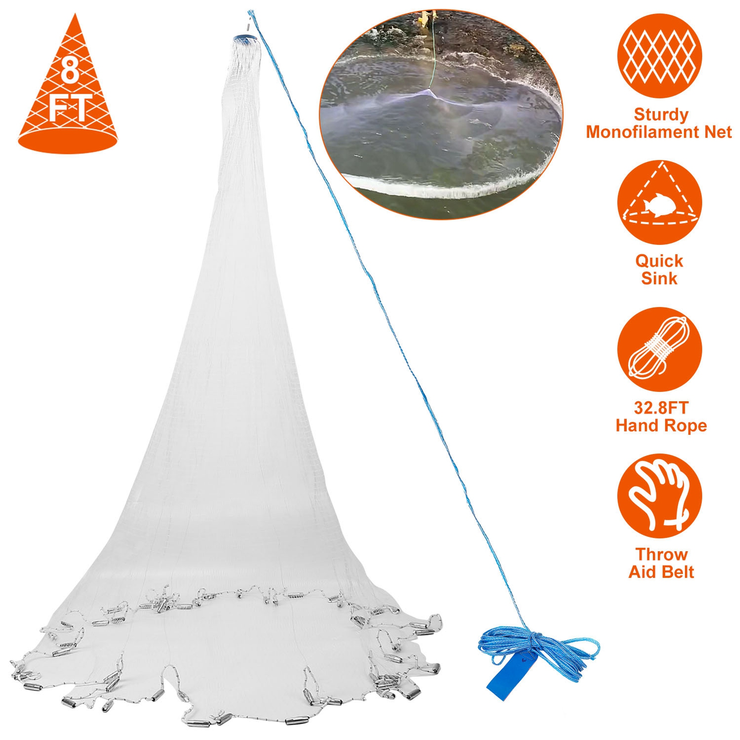8 ft Radius Fishing Cast Net