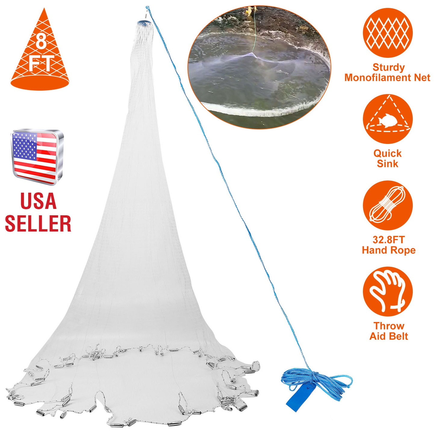 8 ft Radius Fishing Cast Net