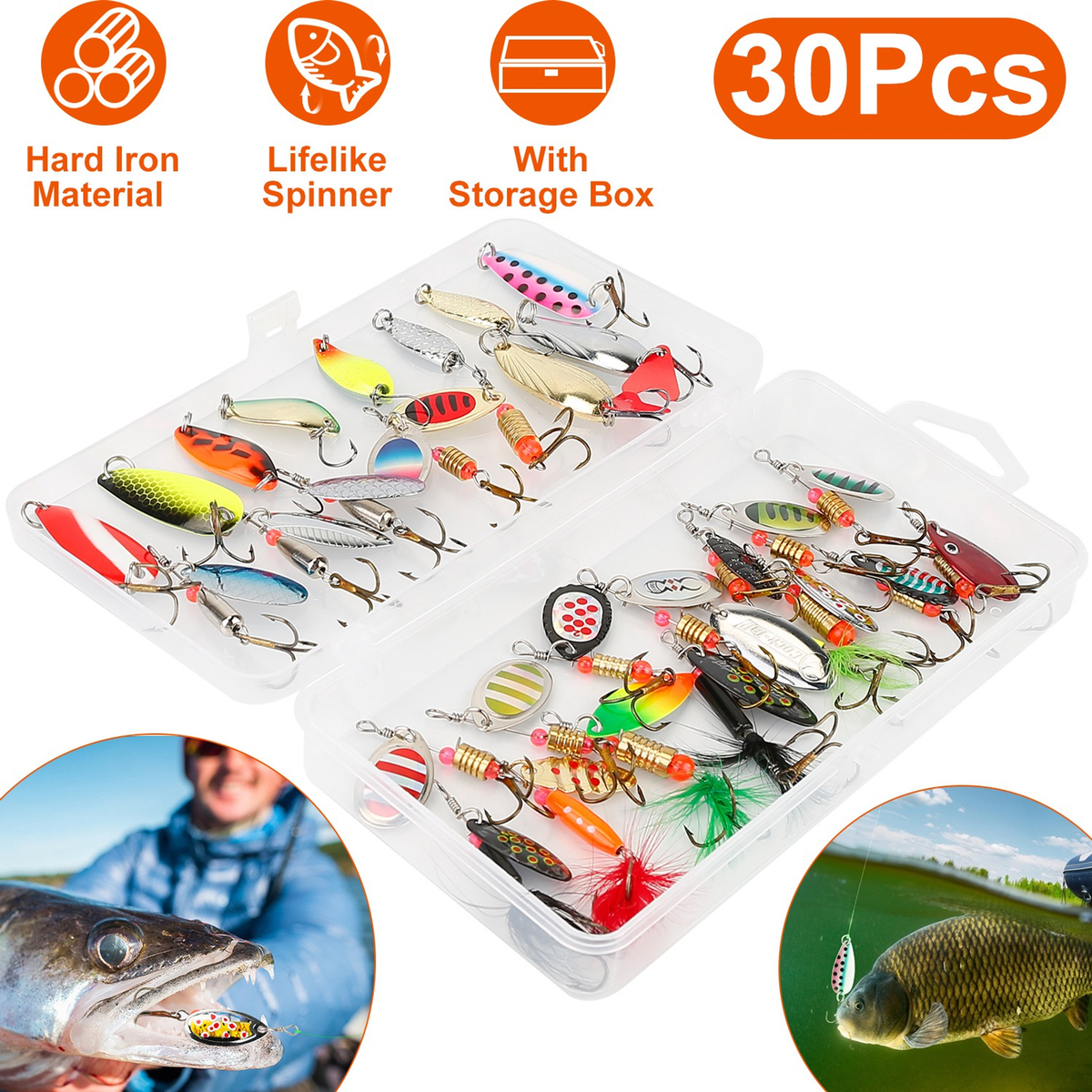 30-Piece Fishing Lures Kit with Metal Spoons and Spinners