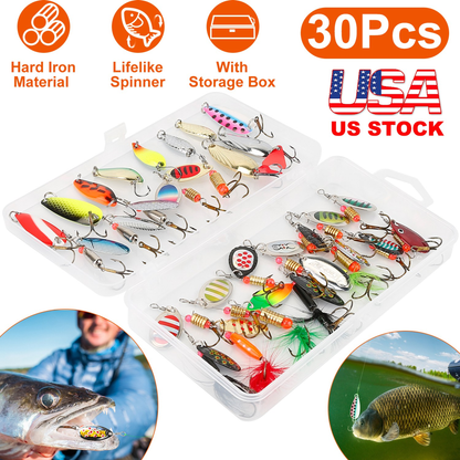 30-Piece Fishing Lures Kit with Metal Spoons and Spinners